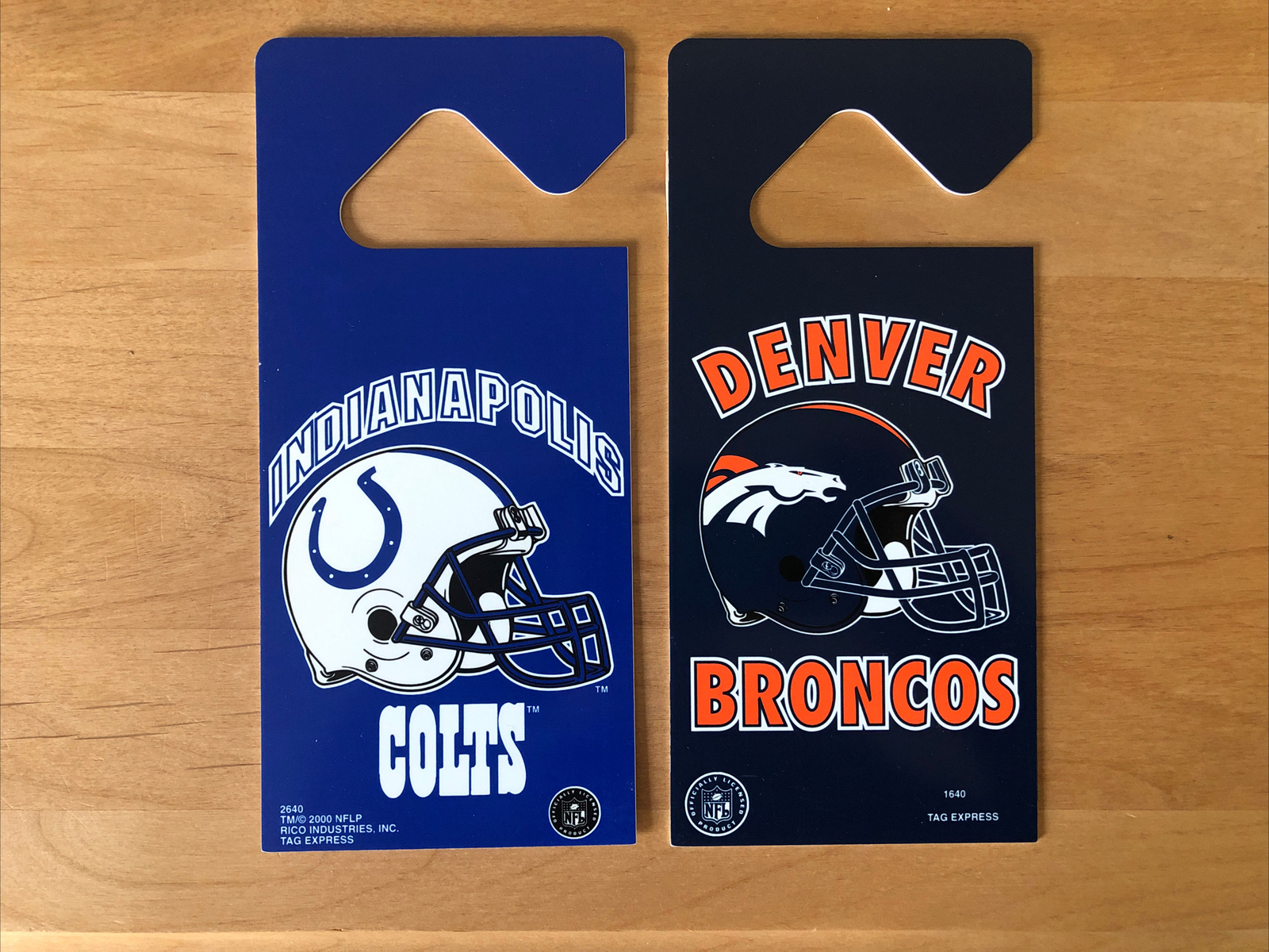 Lot of 2 Indianapolis Colts & Bronco Plastic Door Knob Sign Tag 
