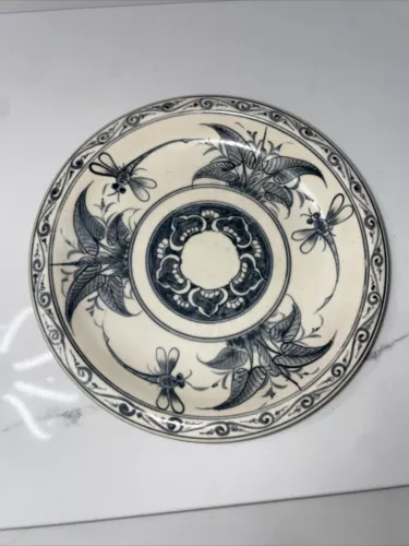 VTG Vietnam Bat Trang Dragonflies Pottery Plate 7 3/4” Hand Painted Blue
