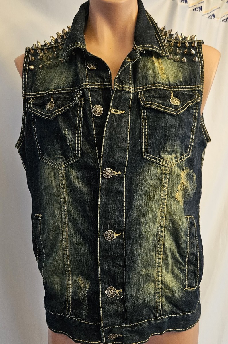 Smoke Rise Men's Distressed Studded Denim Vest Size Small Smoke Rise Men's Distressed Studded Denim Vest Size Small