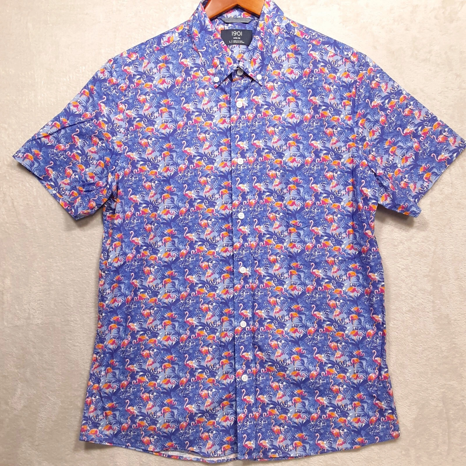 1901 Mens Short Sleeve Flamingo Print Button Shirt Sz.L/Blue/Trim Fit/Hawaiian