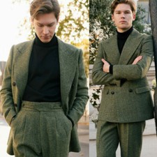 Tweed Green Men Suits Double Breasted Notch Lapel 2 Piece Casual Office Tuxedos