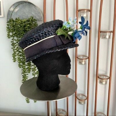 Vintage Blue Straw Hat Floral Accent Union Made Vintage Dark Blue Straw Hat: Floral Netting, Navy Ribbon  main image 3