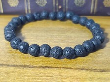 Natural Lava Rock Beaded Bracelet, 8mm Black Volcanic Stone, Elastic Stretch