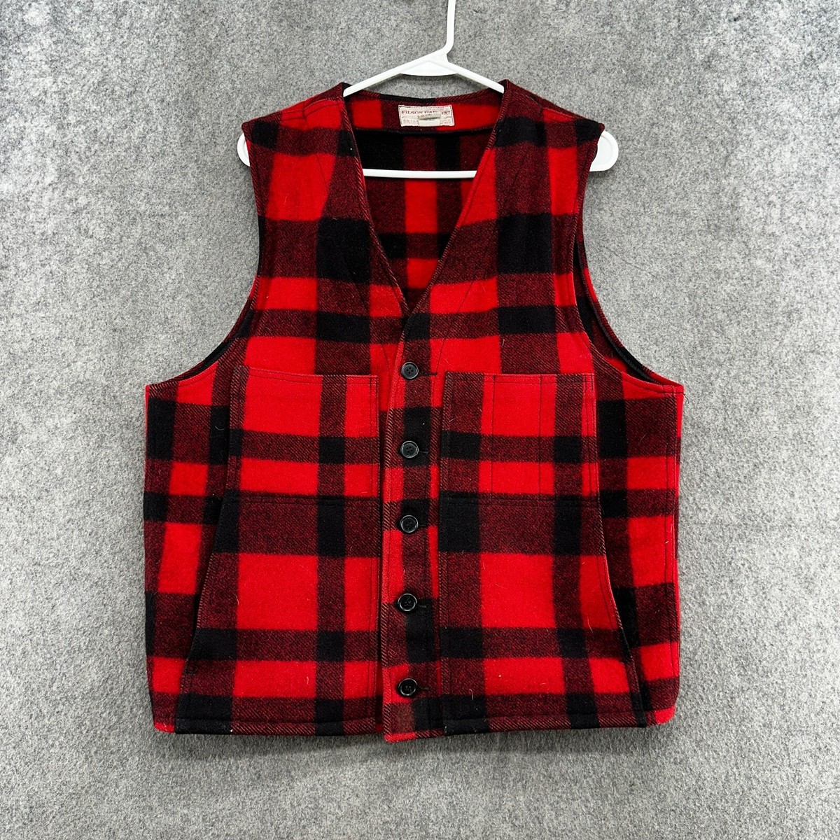 VTG Filson Vest Mens 44 Red Black Plaid Wool Style 90 Mackinaw