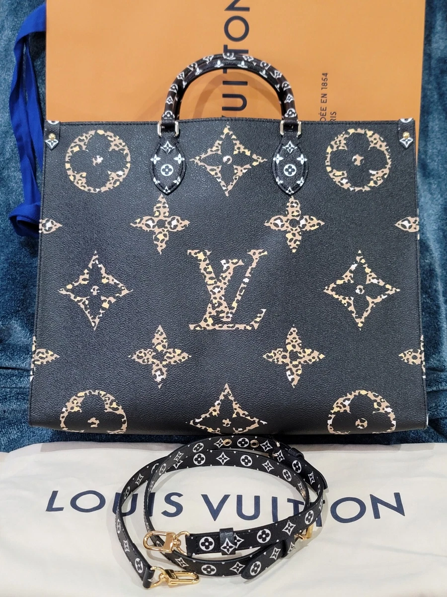 LOUIS VUITTON ONTHEGO GM JUNGLE MONOGRAM BLACK CARAMEL BAG & MATCHING  STRAP