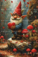 LUCKY GARDEN GNOME VALENTINES ART PRINT, Magical Decor, Fairy Forest Poster C994