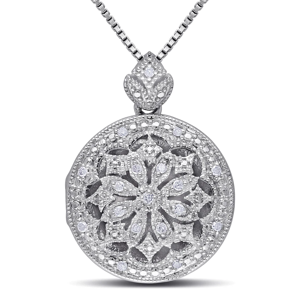 Colgante medallón floral de diamantes con cadena Amour de plata de ley de 1/10 quilates TW