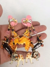 Statement Vtg Lunch At The Ritz Dogs Lover Crystal  Gold Tone Clip Earrings