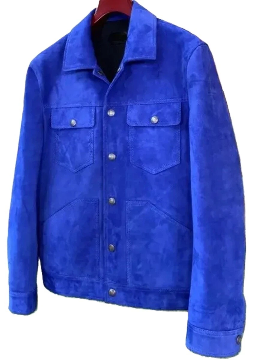 Men’s Royal Blue Suede Leather Jacket Western Trucker Style Snap Button Coat New