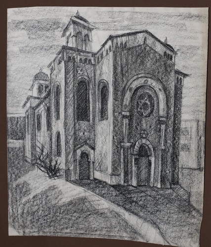 Vintage original charcoal drawing landscape with church - Picture 6 of 14