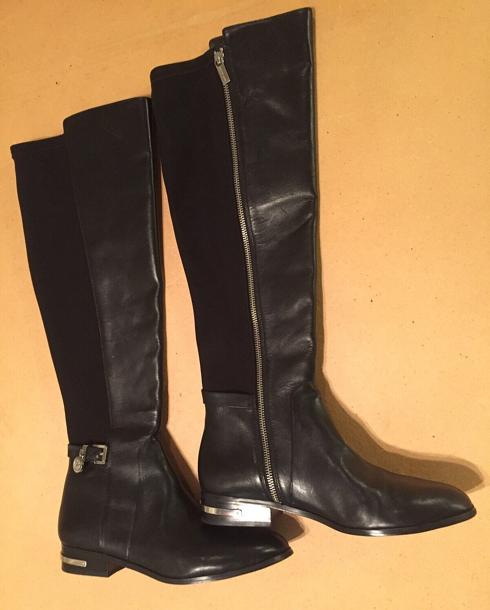 MK Michael Kors Black Leather/Stretch Bromley Flat Tall Riding Boots, Size  1/2