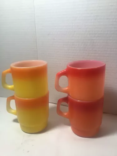Set Of 4 VINTAGE FIRE KING OMBRE YELLOW/ORANGE D-HANDLES COFFEE MUGS