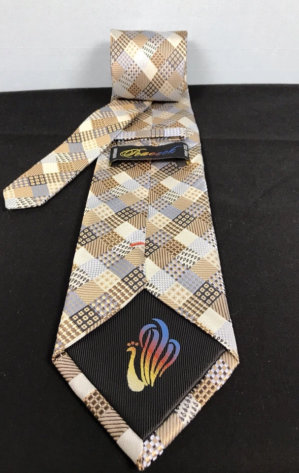 Mens Peacock 3.5”/57” Hand Made Quilt Patch Copper Blue Metallic Silk Tie - Image 3 of 4