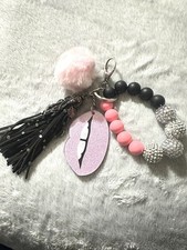 Beaded Pink Black Silver Pom Pom Key Chain Tasseled Glitter Women's Faux Fur