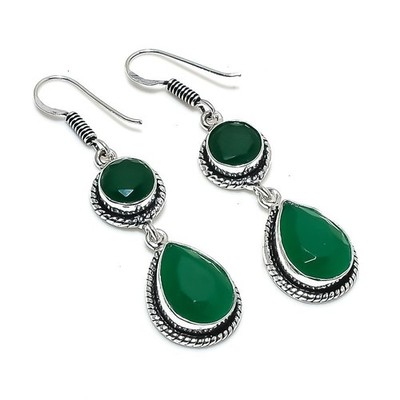 Green Onyx Handmade Gemstone 925  Sterling Silver Jewelry Earrings Size 2''