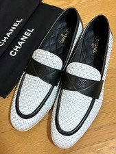 CHANEL CC Logo Woven Leather Loafers White Bl...