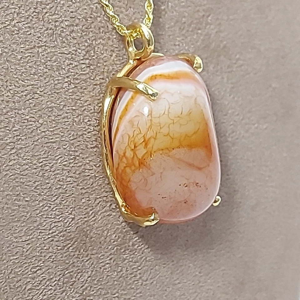 Collana Argento 925 Dorata e Ciondolo Pietra Dura Naturale Agata Marrone Striata - Immagine 4 di 4