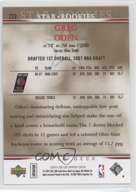 2007-08 Upper Deck Star Rookies Electric Court Greg Oden #233 Rookie RC - Image 2 of 2