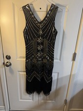 Black Gold Sequin Fringe Dress Womens Small Flapper Gatsby Party