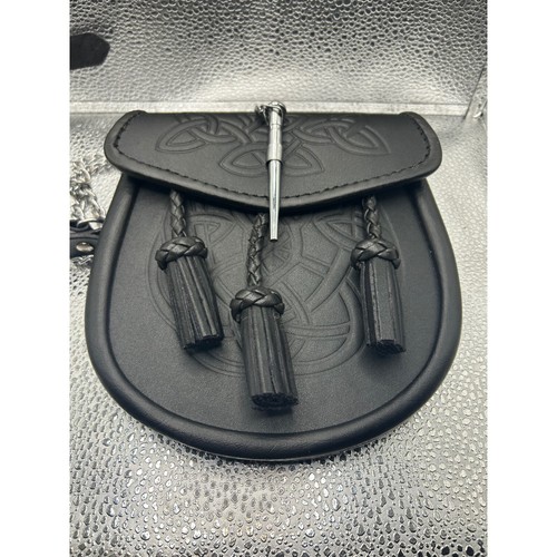 Black Leather Scottish Sporran Celtic Knot Embossed Tassels with Chain Strap