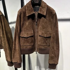 Women’s Real Suede Leather Jacket Dark Brown Cropped Vintage Jacket With Ribcuff