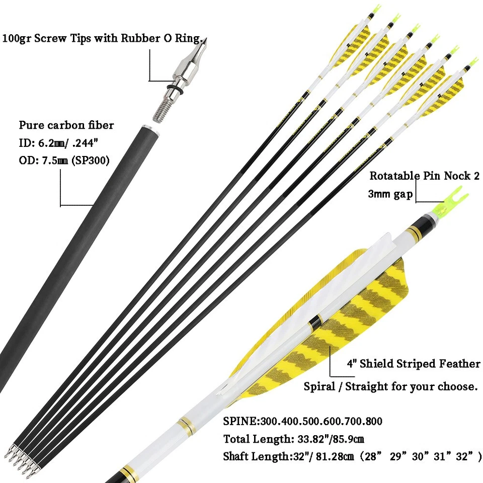 28-32" Pure Carbon Arrows ID6.2mm SP300-800 Archery 4" Feathers Recurve Bow Hunt - Image 2 of 4