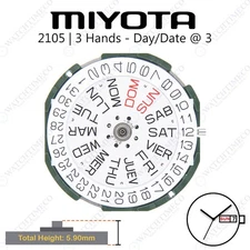 Genuine Miyota 2105 Watch Movement Japan 3 Hands, Date/Day at 3