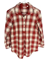 J.Jill x Uncommon Threads Plaid Tunic Top XS Soft Red Long Sleeve 3 Button VNeck