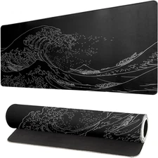 Japanese Sea Wave Large Mouse Pad, Anime Black , Extended Kanagawa Mat Desk Pad,