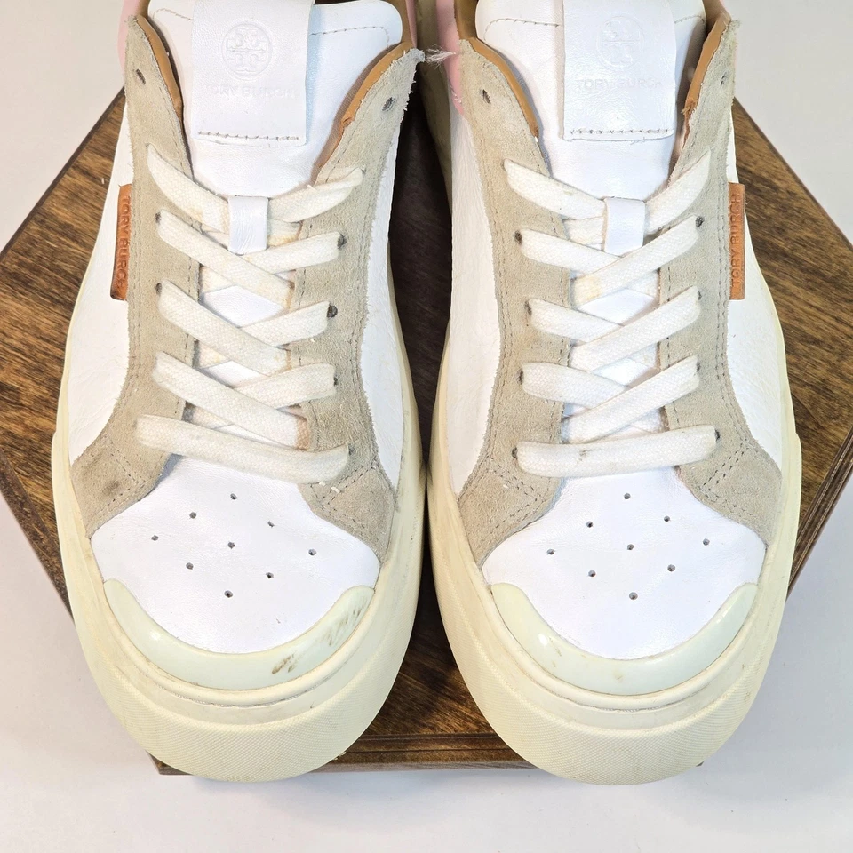 Zapatos Tory Burch para mujer talla 9 blanco rosa cuero parte superior baja cancha gamuza suela de copa Foto 3 de 4