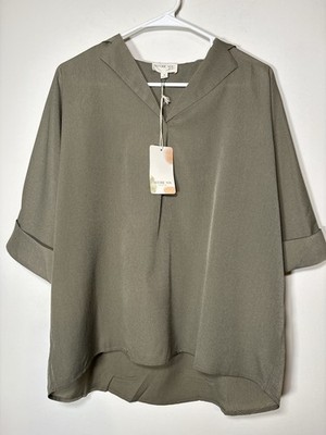 BEFORE YOU Short Sleeve V-Neck Collared Blouse Olive Green NWT Lagenlook Medium