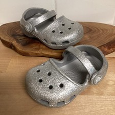 Crocs Karin Sparkle Clogs Toddler Girls Size 4 Silver Glitter Mary Jane Kids C4
