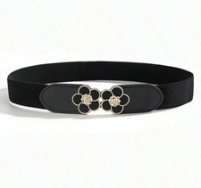 Women's Black Elastic Waist Stretch Vegan Faux Leather Belt Floral Buckle