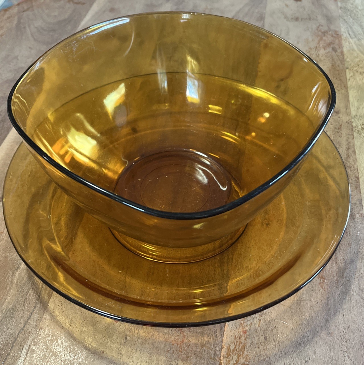 Vintage Vereco Amber Glass Salad Bowl 8.5” with 11” Serving Plate