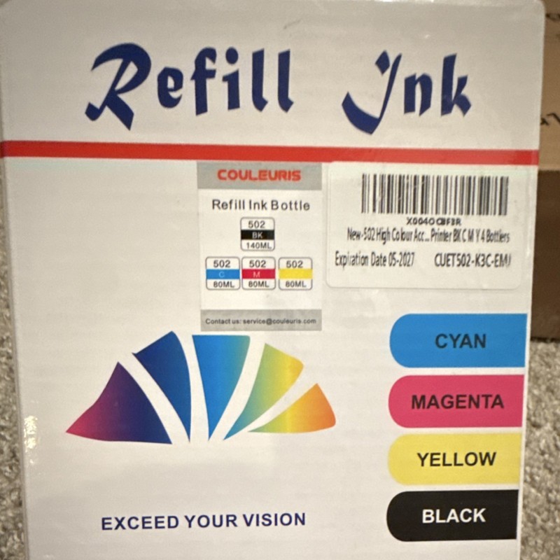 COULEURIS Refill Ink Bottles for Epson 502 Cyan Magenta Yellow Black Exp 05/2027