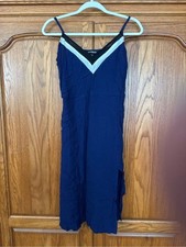 Express Navy Midi Slip Dress with White V Trim