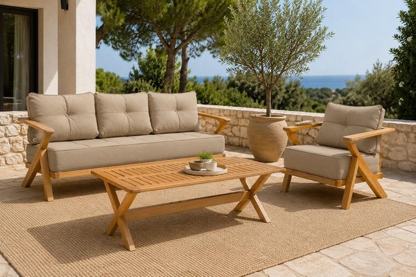 Gartenlounge Set 3-Sitzer Sofa Sessel Beige Couchtisch Holz-image