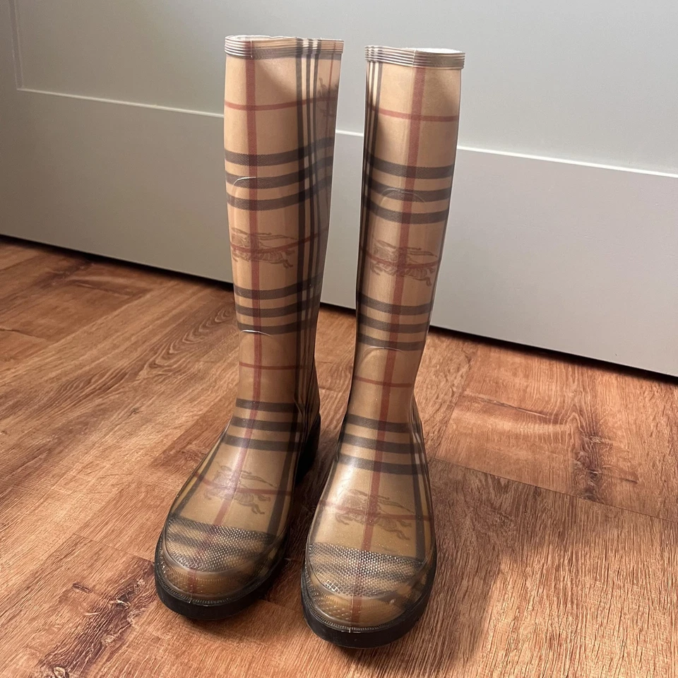 Burberry Botas de Lluvia Mujer Talla 37 Beige Cuadros Nova Caucho Italia Hasta la Rodilla Foto 2 de 4
