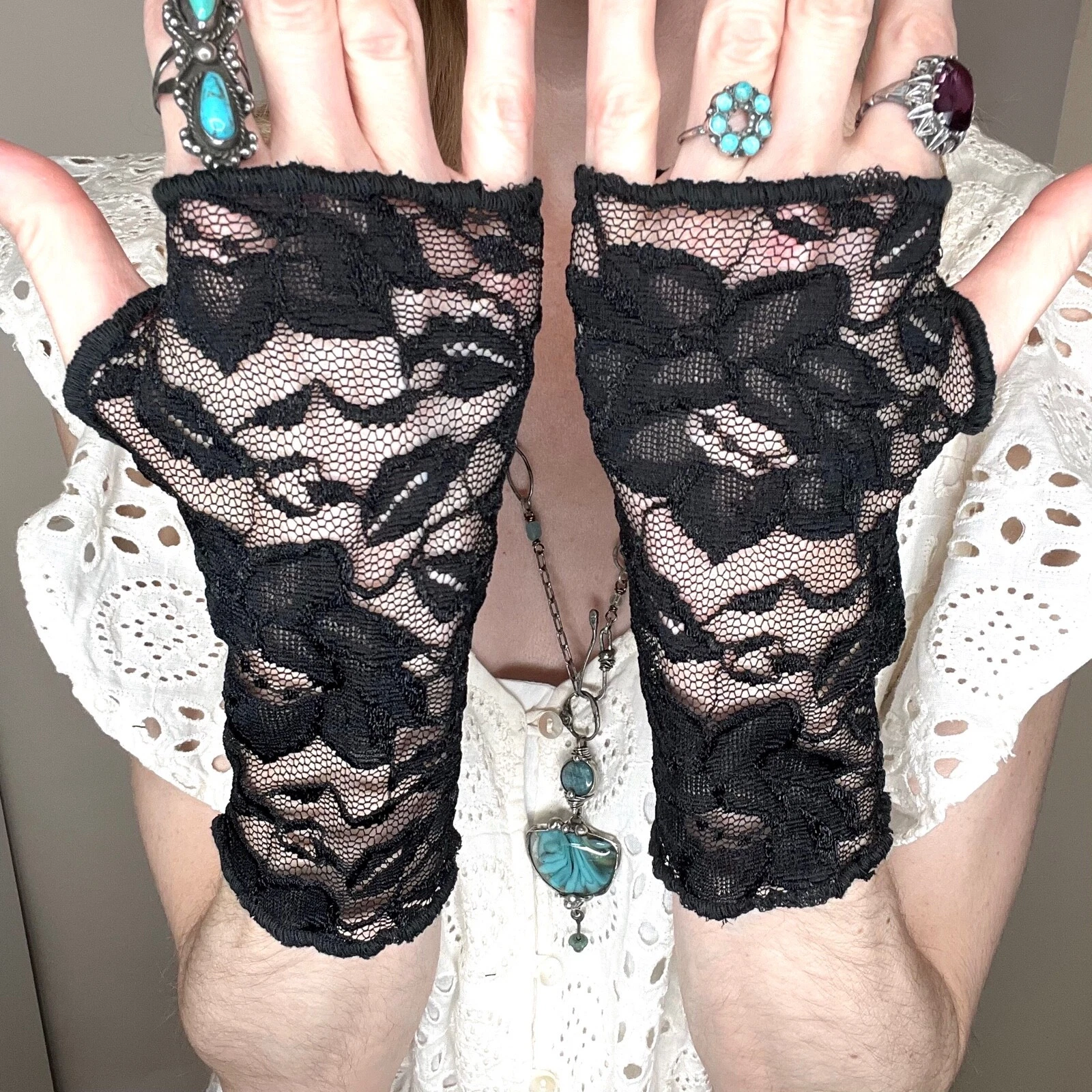 Goth Black Lace Gloves Floral Fingerless Cuffs Wedding Wrist Length Steampunk OS