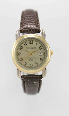 Times Square Uhr Damen Edelstahl Silber Gold Braunes Leder Datum Quarz