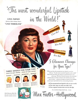 1948 LANA TURNER LIPSTICK Genuine Vintage Print Ad Max Factor Hollywood 10''x 14''