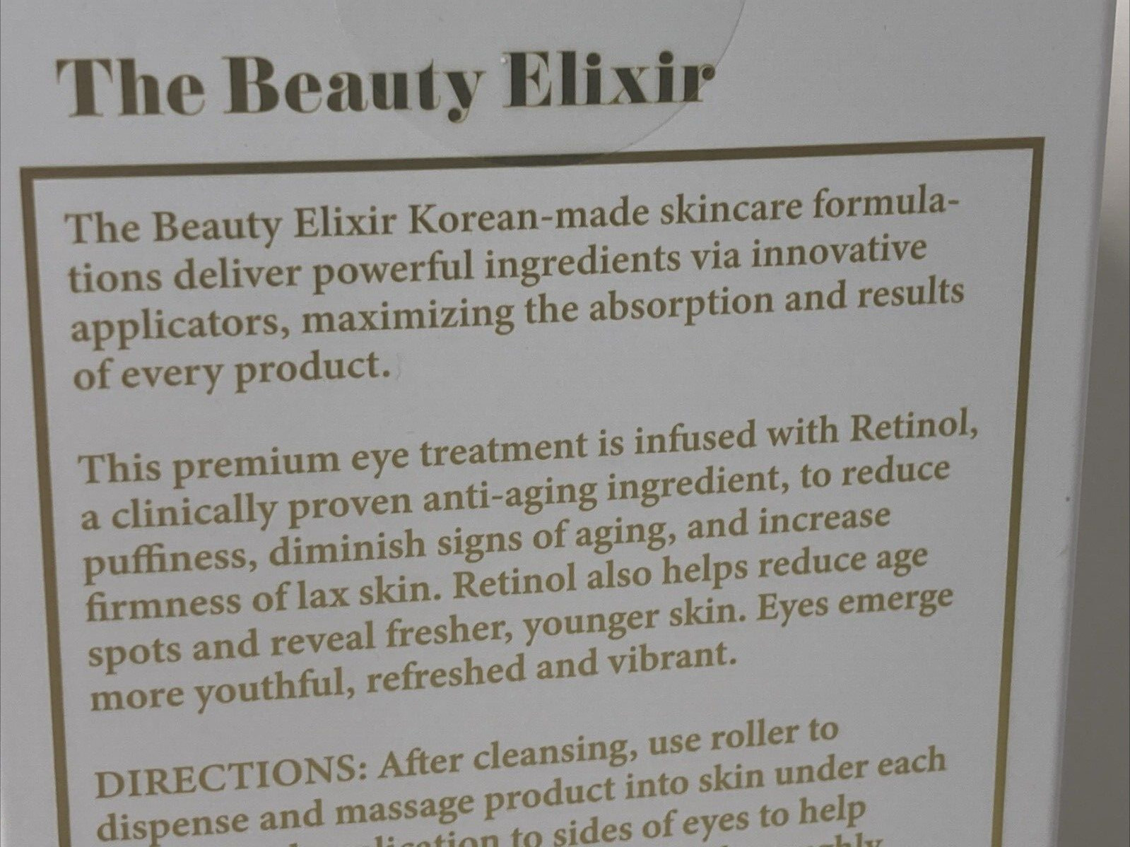 The BEAUTY Elixir Under Eye Roller Serum Retinol ANTI-AGING 1.69 fl oz