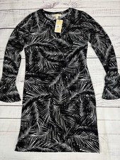 Michael Kors Black White Bodycon Dress Mini Leaves All Over Print Stretch M NWT