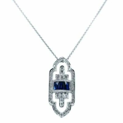 Art Deco Style Lab Created Diamond & Sapphire Wedding 14K White Gold FN Pendant
