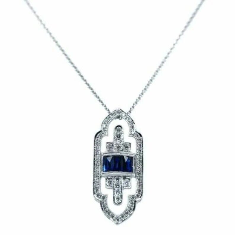 Art Deco Style Lab Created Diamond & Sapphire Wedding 14K White Gold FN Pendant