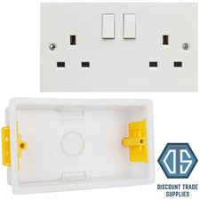2 Gang Double Socket Switched White and 35mm Double Dry Lining Fast Fix Back Box