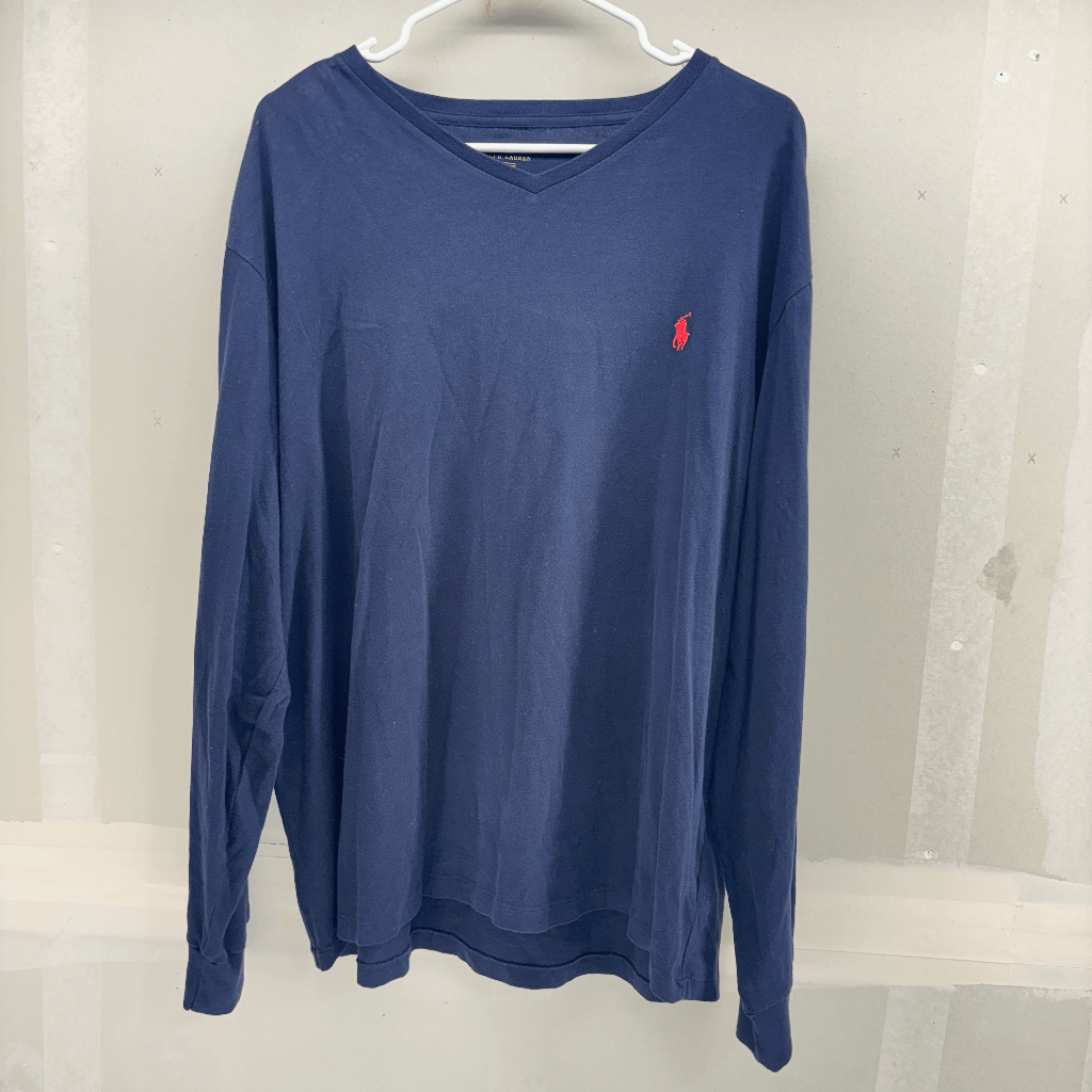 Polo Ralph Lauren Uomo XL Navy Manica Lunga Scollo a V Camicia Rosso Pony Elasticizzata