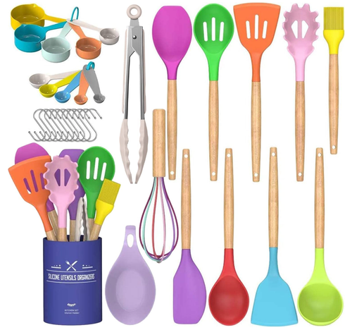 33Pcs Colorful Silicone Cooking Utensils Set – Nonstick Kitchen Tools with Woode