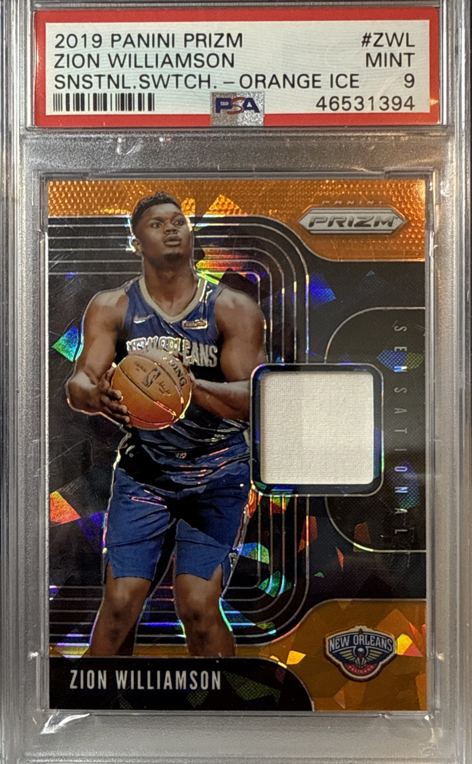 2019 Panini Prizm Zion Williamson Sensational Swatch Orange Ice #ZWL PSA 9 Mint