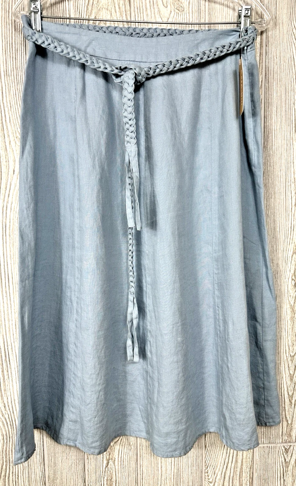 Kate Hill Linen A Line Midi Womens Blue Ice Skirt Flowy Boho Belted Size 10 NWT